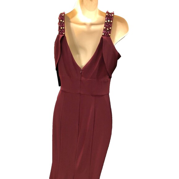 NWT! Betsy & Adam Jeweled Wine Color Size 4 Formal Gown Peek A Boo Sleeve - Picture 7 of 15